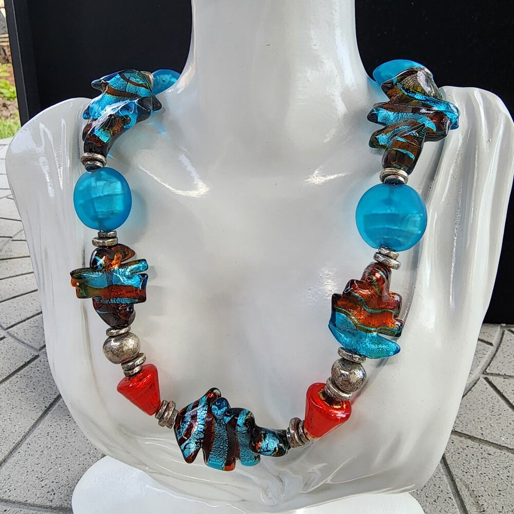 Vintage Chunky Murano Glass Lampwork Sculptural Beaded Necklace - Picture 4 of 11